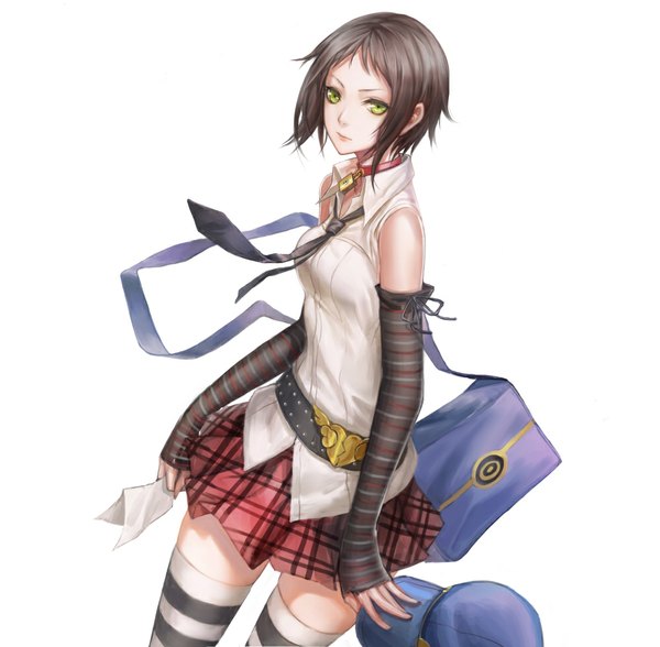 Anime picture 1000x981 with persona 4 persona marie (persona 4) infukun single looking at viewer short hair black hair simple background white background green eyes girl thighhighs skirt necktie bag striped thighhighs