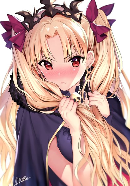 Anime picture 750x1073 with fate (series) fate/grand order toosaka rin ereshkigal (fate) matarou (genkai toppa) single long hair tall image looking at viewer blush fringe blonde hair simple background red eyes white background holding signed upper body blurry two side up