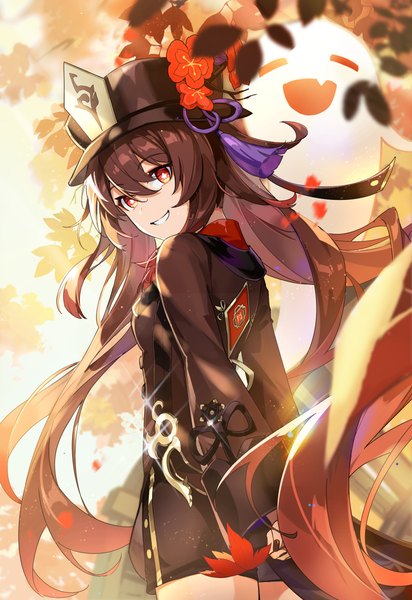 Anime picture 2519x3665 with genshin impact hu tao (genshin impact) boo tao (genshin impact) uza single tall image looking at viewer fringe highres smile hair between eyes red eyes brown hair standing twintails outdoors long sleeves very long hair head tilt looking back