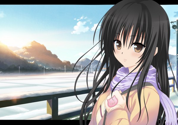 Anime picture 1700x1200 with toloveru toloveru darkness xebec kotegawa yui tagme (artist) single long hair blush black hair brown eyes looking away letterboxed winter snow girl scarf