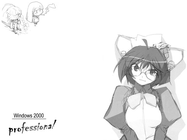 Anime picture 1600x1200 with os-tan windows (operating system) xp-tan (saseko) 2k-tan me-tan (emui-san) white background monochrome smoking sketch glasses