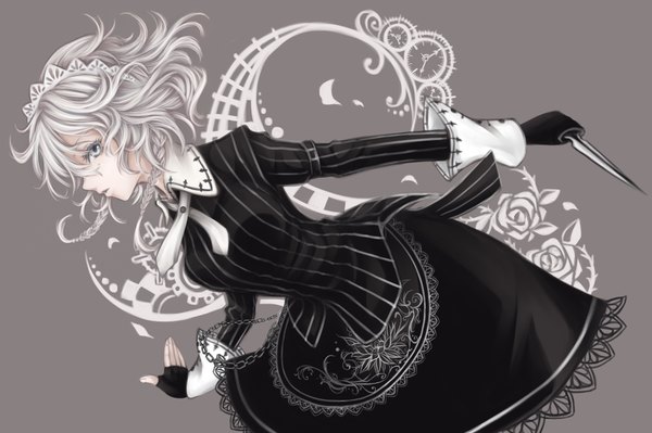 イラスト 1200x798 と 東方 十六夜咲夜 hayashinomura ソロ 短い髪 white hair maid grey eyes 女の子 ドレス ネクタイ 被り物 指なし手袋 ホワイトブリム ナイフ