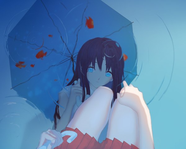 Anime picture 1280x1024 with original coic0214 single long hair looking at viewer blush blue eyes black hair sitting holding reflection pov female pov girl skirt uniform school uniform animal water umbrella