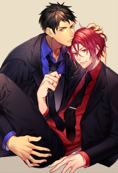 Anime picture 826x1215 with free! kyoto animation matsuoka rin yamazaki sosuke tagme (artist) tall image looking at viewer fringe short hair simple background red eyes brown hair holding green eyes red hair aqua eyes fingernails lips multiple boys hand on hip