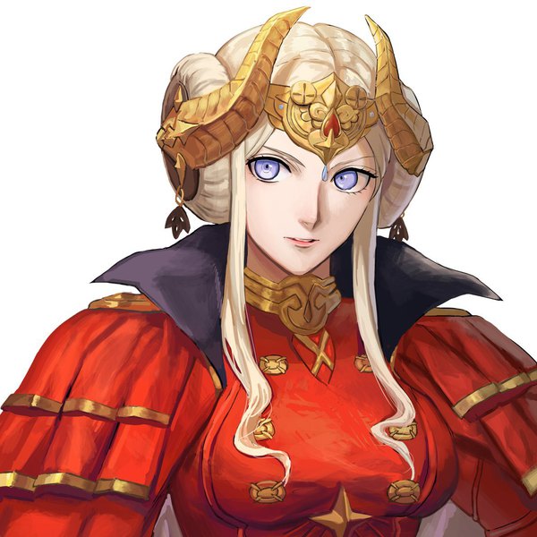 Anime-Bild 1191x1191 mit fire emblem fire emblem: three houses nintendo edelgard von hresvelg aizumi240326 single long hair looking at viewer short hair breasts simple background white background purple eyes looking away upper body parted lips horn (horns) portrait girl