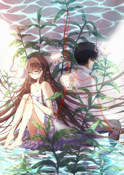 Anime picture 707x999 with original hahahamu tall image fringe short hair blue eyes black hair brown hair sitting bare shoulders bent knee (knees) long sleeves very long hair barefoot couple looking down back to back girl dress boy
