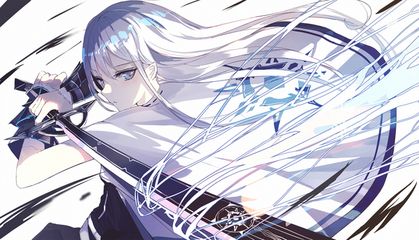 Anime picture 1600x917 with original beckzawachi single long hair looking at viewer fringe hair between eyes wide image holding white hair grey eyes floating hair crossed arms pale skin fighting stance girl weapon sword cape emblem