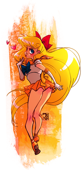 Anime picture 536x1124 with bishoujo senshi sailor moon toei animation aino minako sailor venus peach-mork single tall image blue eyes light erotic blonde hair signed full body very long hair pleated skirt looking back aqua eyes from behind transparent background yellow background orange background