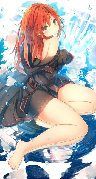 Anime picture 560x1041 with syndrome x emotion sune (mugendai) single long hair tall image looking at viewer blush fringe light erotic hair between eyes red eyes sitting bare shoulders red hair barefoot from above bare legs reflection bare back girl