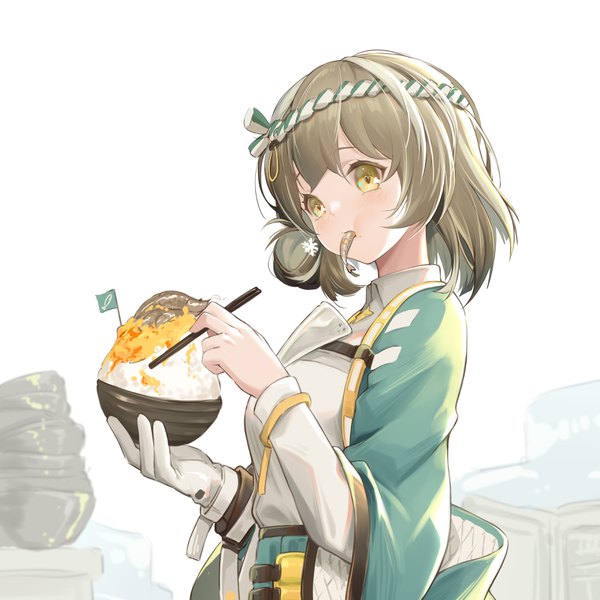 Anime picture 3508x3508 with arknights magallan (arknights) magallan (shaved-ice memories) (arknights) jiusan naitan single highres short hair brown hair white background holding yellow eyes absurdres official alternate costume eating girl food hairband single glove chopsticks rice