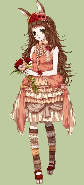 Anime picture 1800x3960 with original abararack single long hair tall image fringe highres simple background brown hair standing bare shoulders holding green eyes animal ears looking away full body blunt bangs parted lips bunny ears frilly skirt
