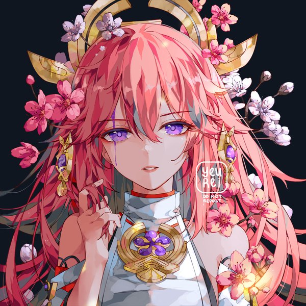 Anime picture 1100x1100 with genshin impact yae miko yeurei single long hair looking at viewer fringe hair between eyes purple eyes signed pink hair upper body parted lips cherry blossoms playing with hair girl flower (flowers) branch