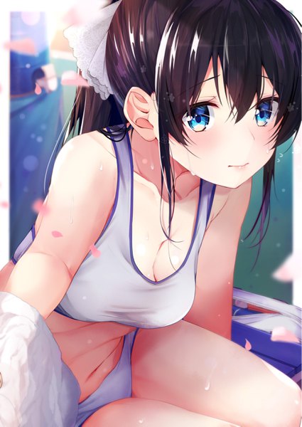 Anime picture 1810x2554 with original rouka (akatyann) single long hair tall image looking at viewer blush fringe highres breasts blue eyes light erotic black hair hair between eyes large breasts payot cleavage ponytail light smile sweat