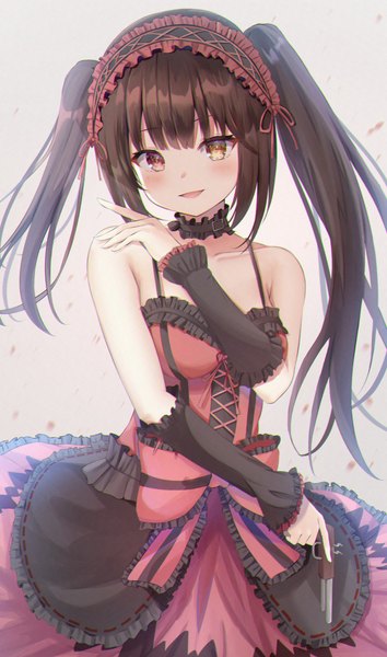Anime picture 1574x2665 with date a live tokisaki kurumi umineco 1 single long hair tall image looking at viewer blush fringe breasts open mouth light erotic black hair simple background smile red eyes white background twintails bare shoulders holding