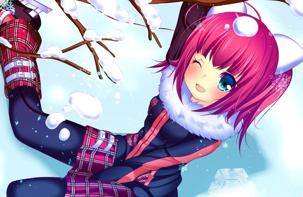 Anime picture 1500x978 with haruta (806060) single blush short hair open mouth blue eyes pink hair one eye closed from above wink dutch angle snowing winter snow ;d girl skirt miniskirt snowflake (snowflakes) skates
