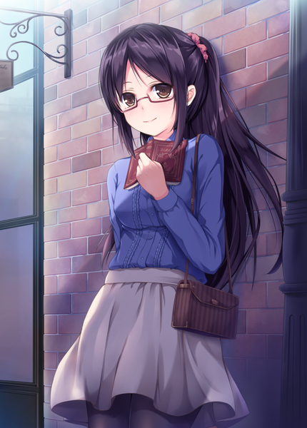 Anime picture 656x915 with original ouka (ra-raradan) single long hair tall image blush black hair smile brown eyes ponytail girl skirt pantyhose glasses book (books) bag scrunchie hair tie