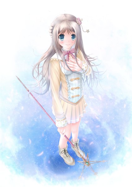 Anime picture 1500x2118 with atelier (series) atelier meruru gust (company) hono mochizuki single long hair tall image looking at viewer blush blue eyes smile silver hair from above girl dress petals