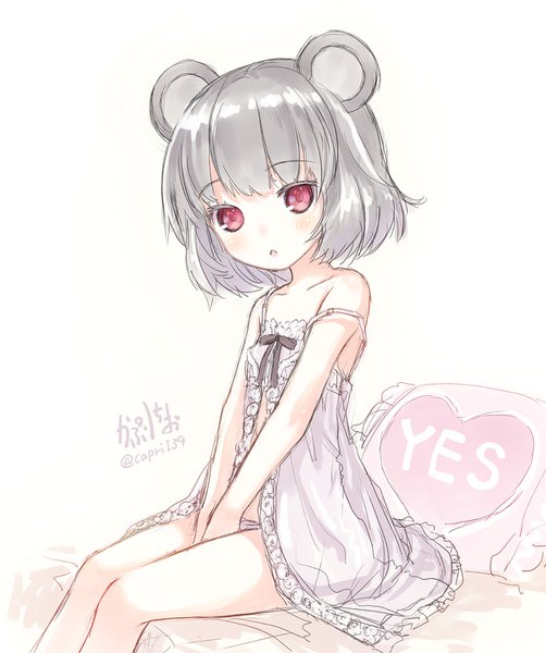 Anime picture 1256x1500 with touhou nazrin capriccio single tall image looking at viewer blush fringe short hair light erotic simple background red eyes white background sitting bare shoulders signed animal ears silver hair blunt bangs :o