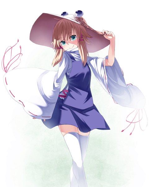 Anime picture 1200x1500 with touhou moriya suwako ibuki notsu single long hair tall image looking at viewer blue eyes simple background blonde hair smile white background twintails wide sleeves girl thighhighs skirt hat miniskirt white thighhighs