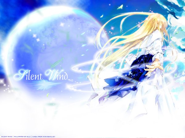 Anime picture 1280x960 with original sumi keiichi elli single long hair blonde hair standing signed sky cloud (clouds) very long hair profile third-party edit girl planet