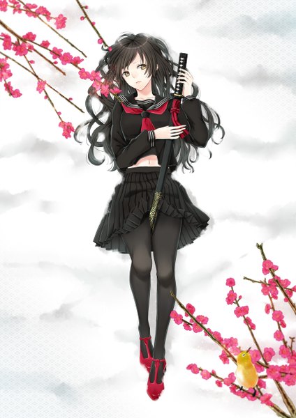 Anime picture 868x1228 with original asaki benio single long hair tall image fringe black hair bent knee (knees) lying from above black eyes bare belly on back winter snow between thighs girl navel flower (flowers) weapon