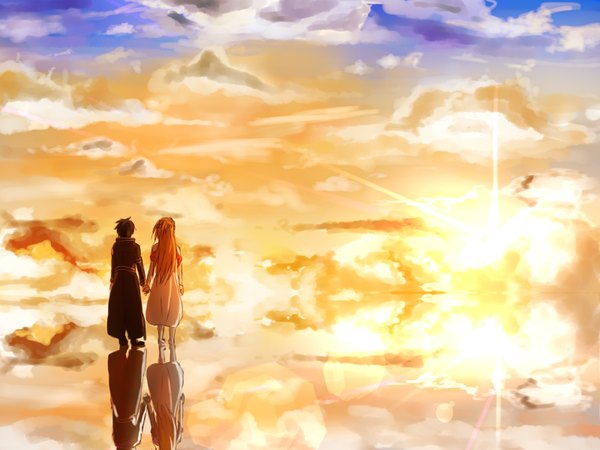 Anime picture 1600x1200 with sword art online a-1 pictures yuuki asuna kirigaya kazuto youday long hair short hair black hair brown hair standing sky cloud (clouds) from behind couple holding hands evening sunset girl boy boots