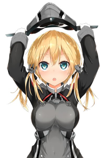 Anime picture 1000x1414 with kantai collection prinz eugen (kantai collection) sune (mugendai) long hair tall image blush fringe breasts open mouth blue eyes simple background blonde hair large breasts white background twintails holding arms up looking up girl gloves