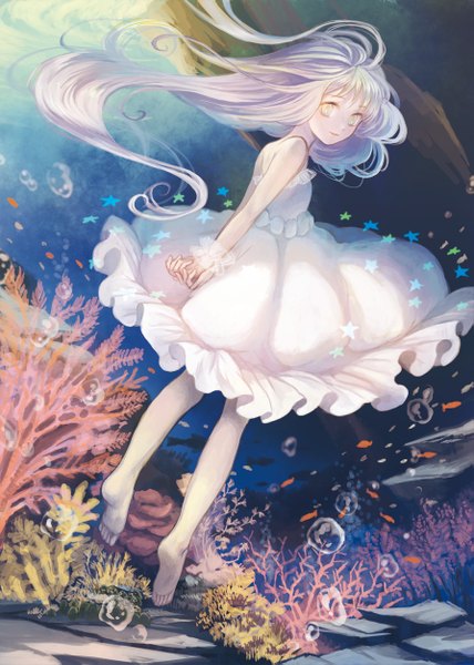 Anime picture 893x1253 with original sugi (artist) single long hair tall image looking at viewer bare shoulders purple hair barefoot hands behind back underwater white eyes girl dress white dress star (symbol) bubble (bubbles) fish (fishes) algae