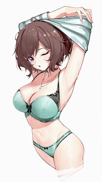 Anime picture 3600x6400 with idolmaster gakuen idolmaster neo asari cz (mikumikumi) single tall image looking at viewer highres short hair breasts light erotic simple background brown hair large breasts white background purple eyes absurdres one eye closed sweat underwear only