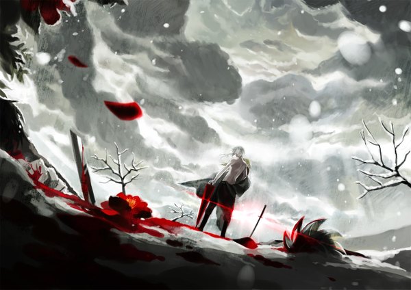 Anime picture 1280x905 with original kaninnvven single long hair sky silver hair cloud (clouds) looking back dutch angle snowing topless winter snow boy flower (flowers) weapon sword katana blood umbrella