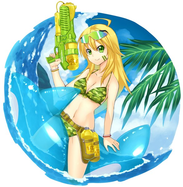 Anime picture 2190x2241 with idolmaster hoshii miki uemuki single long hair tall image highres blonde hair green eyes ahoge facial mark face paint camouflage girl navel swimsuit plant (plants) bikini tree (trees) sunglasses