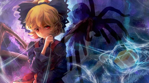 Anime picture 1280x720 with touhou kurodani yamame ikamagu single looking at viewer short hair blonde hair red eyes wide image girl dress bow hair bow spider web spider
