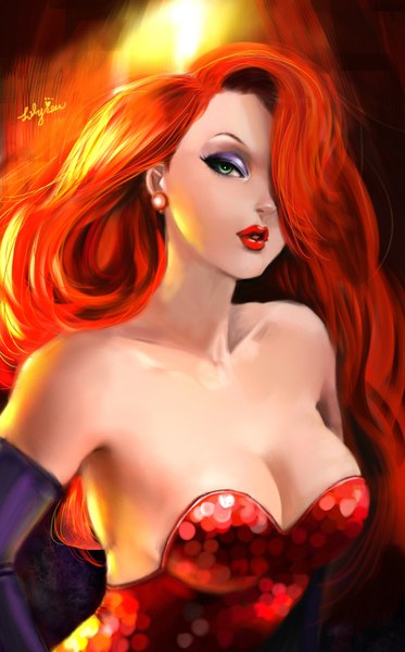 Anime-Bild 1000x1606 mit who framed roger rabbit jessica rabbit tagme (artist) single long hair tall image looking at viewer open mouth blue eyes light erotic bare shoulders red hair lipstick light eyeshadow red lipstick girl dress gloves earrings