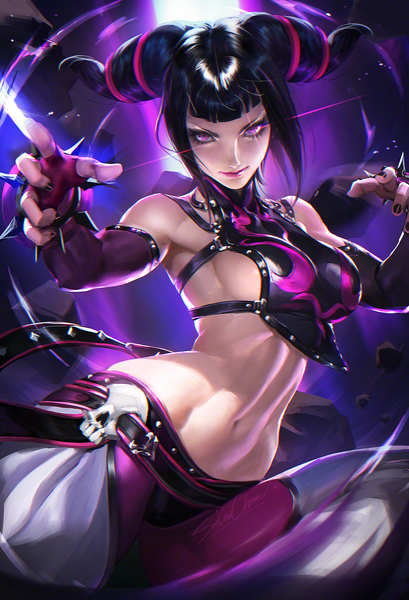 Anime picture 1090x1600 with street fighter capcom han juri sakimichan single tall image looking at viewer fringe short hair breasts light erotic black hair smile large breasts bare shoulders signed payot blunt bangs nail polish pink eyes