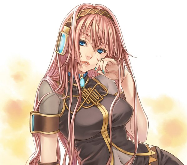 Anime picture 1000x882 with vocaloid megurine luka yuuryuu nagare single long hair looking at viewer fringe breasts blue eyes simple background hair between eyes sitting pink hair upper body parted lips head tilt leaning hand on face girl navel