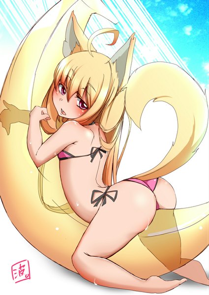 Anime picture 725x1024 with tera online inusawa-japan (artist) single long hair tall image blush light erotic blonde hair animal ears tail animal tail pink eyes girl swimsuit bikini