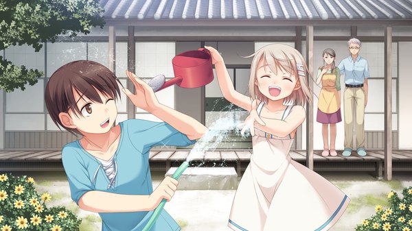 Anime picture 1920x1080 with imouto no katachi chimari mima highres short hair black hair blonde hair wide image brown eyes game cg eyes closed one eye closed wink girl boy flower (flowers) water sundress