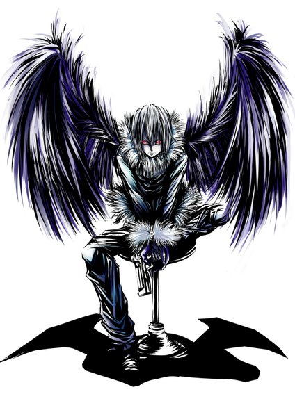 Anime picture 1157x1636 with to aru majutsu no index j.c. staff accelerator tall image short hair red eyes white background sitting grey hair shadow boy wings gun fur chair