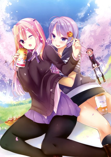 Anime picture 2489x3500 with original achumuchi long hair tall image blush highres open mouth red eyes purple eyes multiple girls purple hair one eye closed scan orange hair official art cherry blossoms girl skirt plant (plants) miniskirt