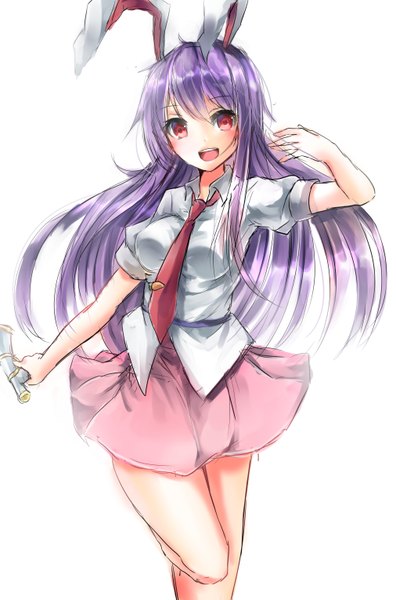 Anime picture 2023x3060 with touhou reisen udongein inaba yozakura retei long hair tall image blush fringe highres breasts open mouth simple background smile red eyes white background animal ears purple hair bunny ears girl skirt miniskirt