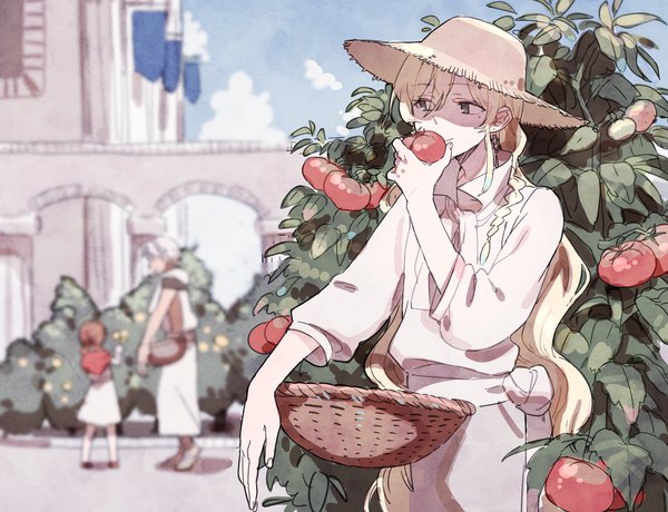 Anime picture 1594x1224 with magi the labyrinth of magic a-1 pictures titus alexius sphintus carmen marga (magi) sonomura fringe blonde hair smile hair between eyes holding looking away outdoors aqua eyes multiple boys wavy hair pale skin girl boy hat