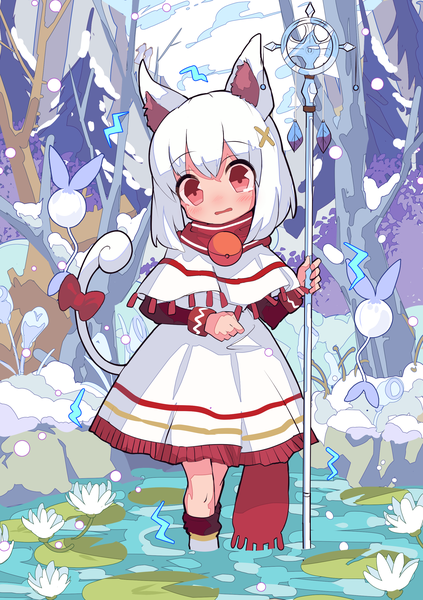 Anime picture 2039x2894 with original nishinoda single tall image blush fringe highres short hair open mouth hair between eyes red eyes animal ears outdoors white hair tail head tilt animal tail partially submerged winter snow