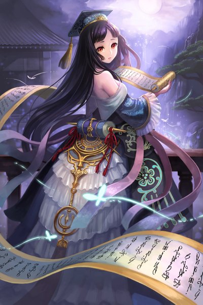 Anime picture 850x1275 with original terai (teraimorimori) single long hair tall image looking at viewer black hair red eyes bare shoulders looking back girl dress hat insect butterfly scroll