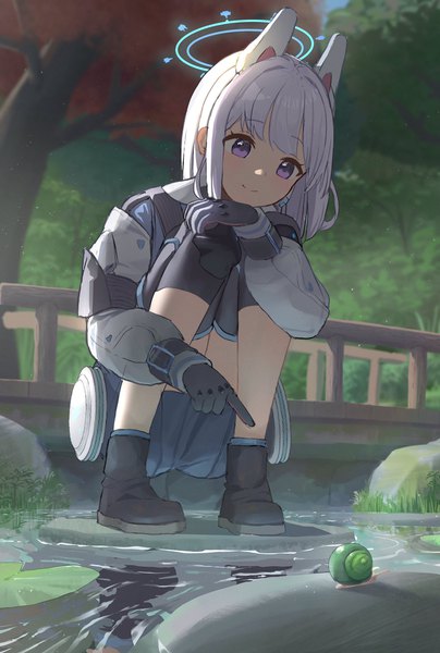 Anime picture 1378x2048 with blue archive miyako (blue archive) hub (havu obi) single tall image blush fringe short hair purple eyes looking away silver hair full body outdoors blunt bangs blurry squat pointing hand on knee girl skirt