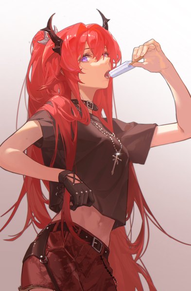 Anime picture 2997x4578 with arknights surtr (arknights) surtr (liberte echec) (arknights) wushier single tall image looking at viewer fringe highres open mouth simple background hair between eyes standing purple eyes holding ponytail red hair very long hair arm up horn (horns)