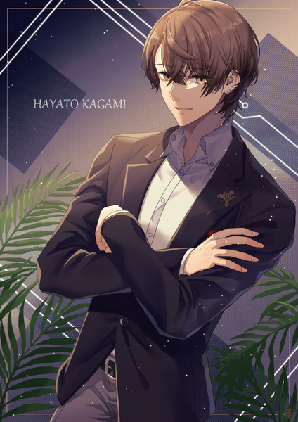 Anime picture 848x1200 with virtual youtuber nijisanji kagami hayato kagami hayato (1st costume) kashima yue single tall image fringe short hair hair between eyes brown hair standing brown eyes upper body character names crossed arms open collar boy plant (plants)