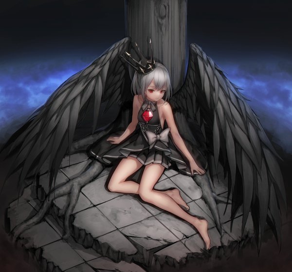Anime picture 3467x3227 with original egk513 single long hair fringe highres hair between eyes red eyes bare shoulders payot looking away absurdres silver hair full body ponytail pleated skirt barefoot sleeveless dark background black wings
