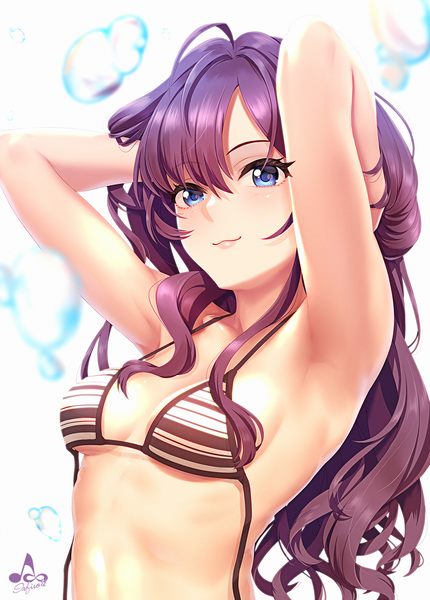 Anime picture 1300x1813 with idolmaster idolmaster cinderella girls ichinose shiki infinote single long hair tall image looking at viewer blush fringe breasts blue eyes light erotic simple background hair between eyes white background signed cleavage purple hair upper body