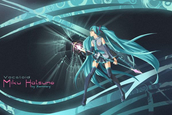 Anime picture 1440x960 with vocaloid hatsune miku kaminary single twintails bare shoulders holding signed very long hair profile aqua eyes aqua hair inscription wallpaper girl detached sleeves necktie headphones thigh boots