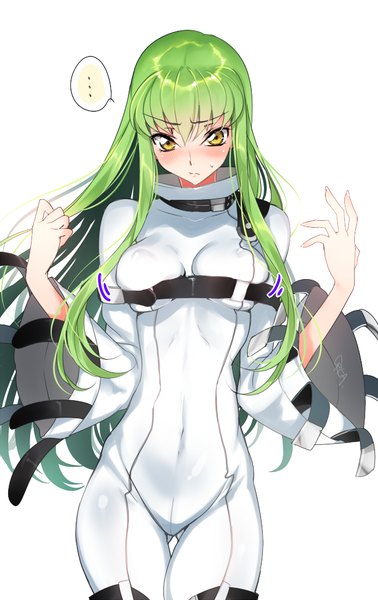 Anime picture 650x1030 with code geass sunrise (studio) c.c. creayus single long hair tall image looking at viewer blush fringe breasts light erotic simple background standing white background yellow eyes green hair wide sleeves spread arms girl